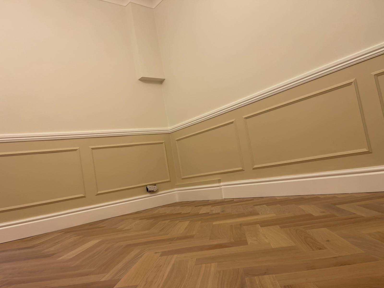 Tan wall wainscoting with white decorative moulding above herringbone parquet flooring